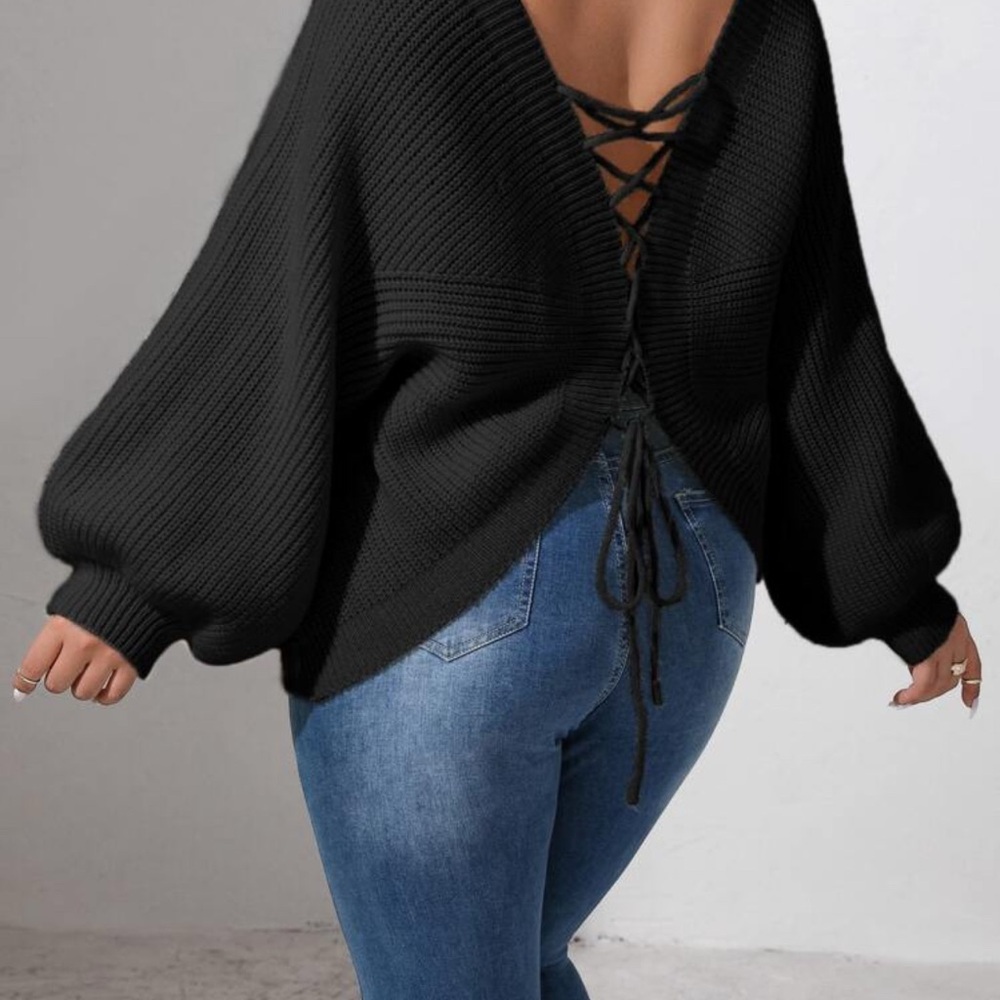 Elegant Black Lace-Up Sweater